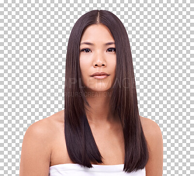 Buy stock photo Hair care, health and portrait of woman with confidence for shiny, long and beauty treatment. Self care, cosmetic and Asian female model with clean hairstyle isolated by a transparent png background.