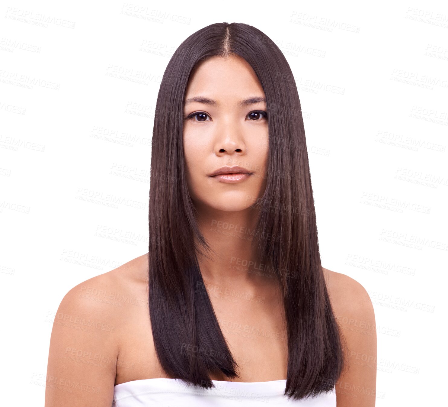 Buy stock photo Hair care, health and portrait of woman with confidence for shiny, long and beauty treatment. Self care, cosmetic and Asian female model with clean hairstyle isolated by a transparent png background.