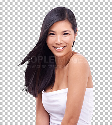 Buy stock photo Happy asian woman, portrait smile and hair beauty for salon treatment isolated on a transparent PNG background. Face of calm female person or model in relax for haircare cosmetics, product or keratin