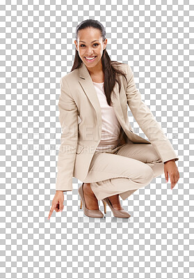 Buy stock photo Business woman, crouch and pointing down, direction and advertising with signage isolated on transparent png background. Sign, show and corporate branding with female employee, portrait and smile