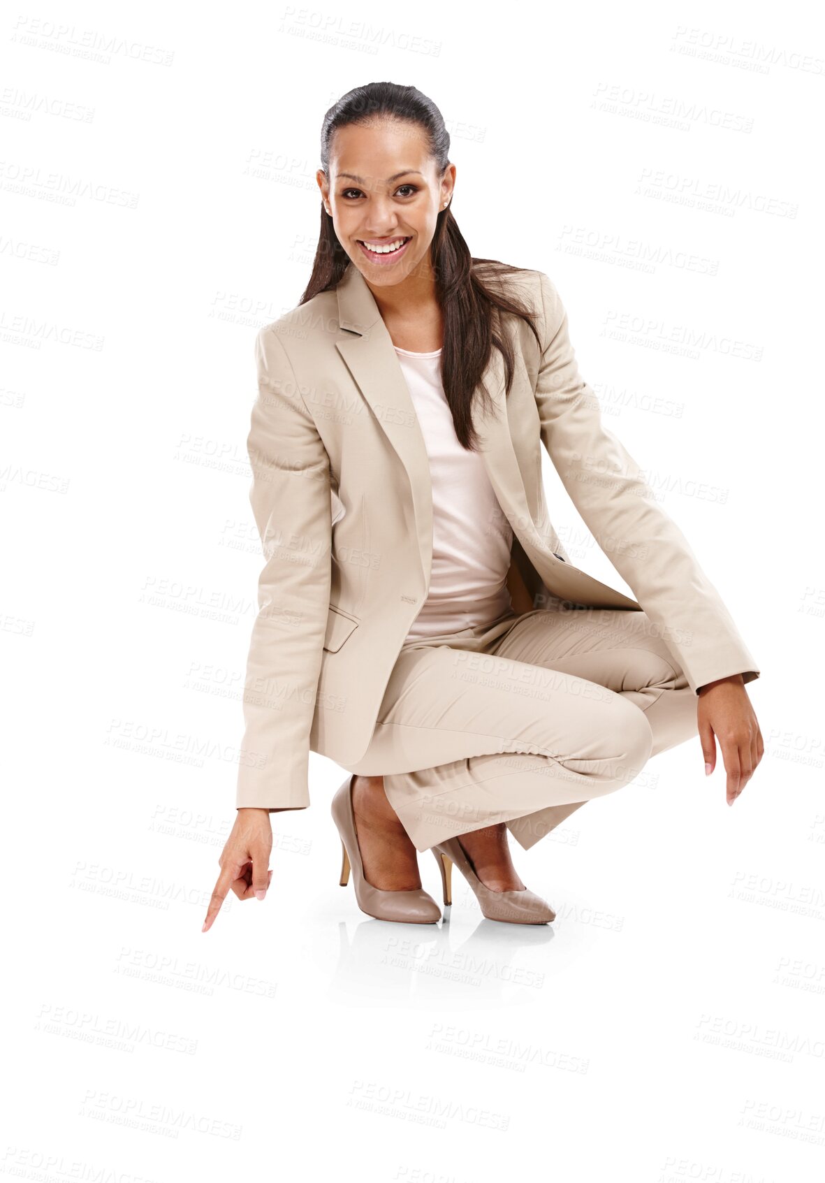 Buy stock photo Business woman, crouch and pointing down, direction and advertising with signage isolated on transparent png background. Sign, show and corporate branding with female employee, portrait and smile