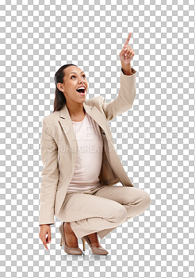 Buy stock photo Excited, surprise and pointing business woman with promotion and happy isolated in a transparent or png background. Deal, wow and young professional entrepreneur showing a sale, announcement or promo