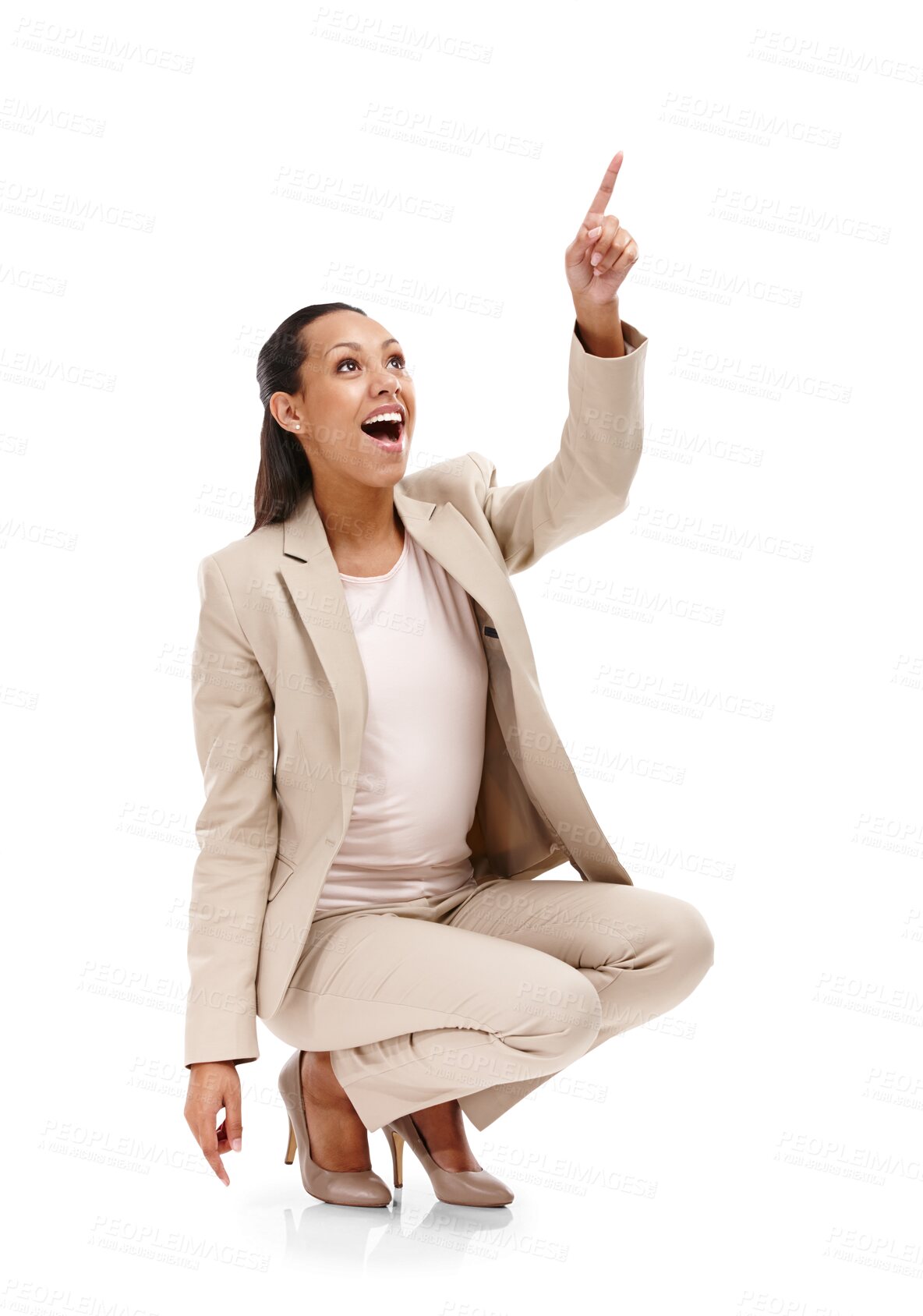 Buy stock photo Excited, surprise and pointing business woman with promotion and happy isolated in a transparent or png background. Deal, wow and young professional entrepreneur showing a sale, announcement or promo