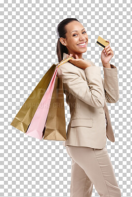 Buy stock photo Business woman, shopping bag and credit card with retail, finance and portrait isolated on transparent png background. Happy customer, female person smile and commerce, discount and corporate account