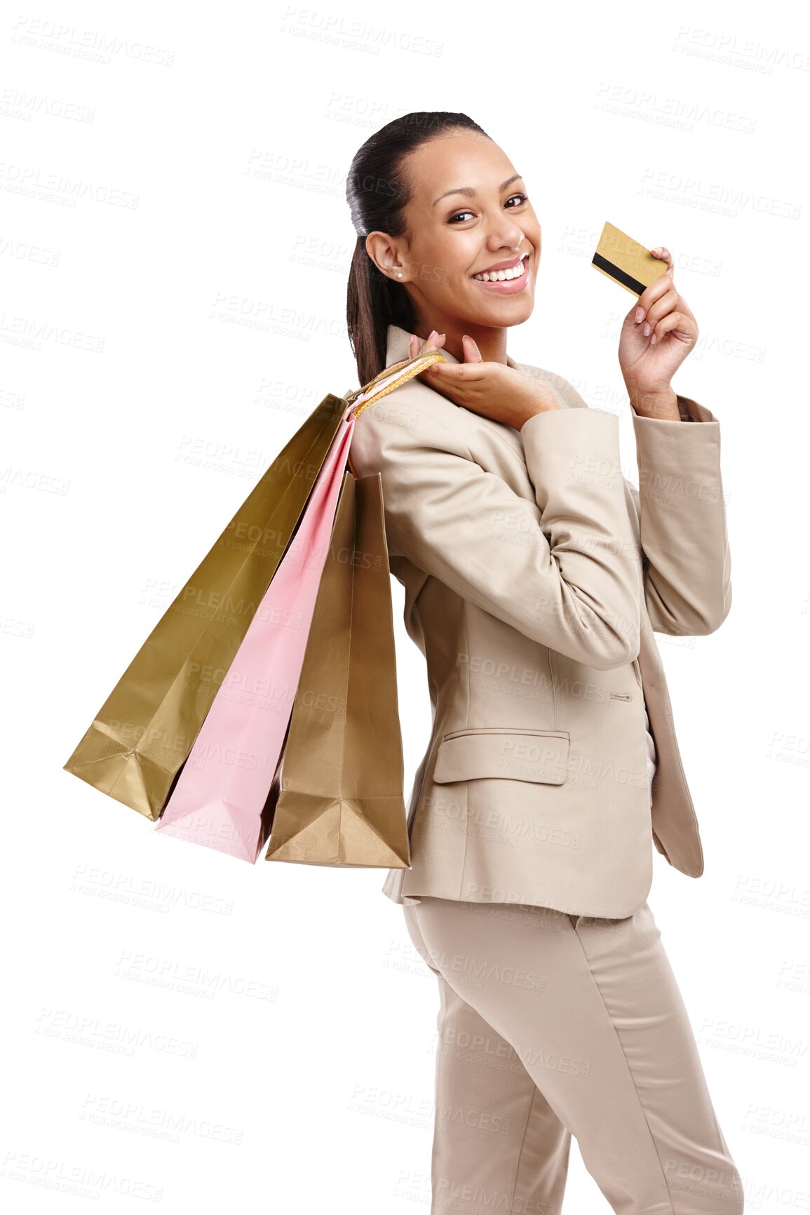 Buy stock photo Business woman, shopping bag and credit card with retail, finance and portrait isolated on transparent png background. Happy customer, female person smile and commerce, discount and corporate account