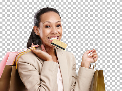 Buy stock photo Happy woman, shopping bag and credit card with retail, finance and portrait isolated on transparent png background. Customer excited about store sale, discount and female person smile with commerce