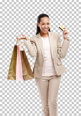 Buy stock photo Professional woman, shopping bag and credit card in portrait with retail and finance isolated on transparent png background. Happy customer, female person and commerce, discount and corporate account