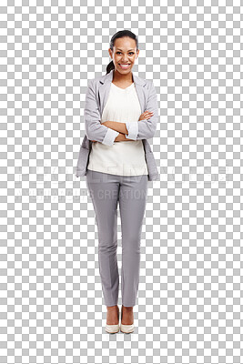 Buy stock photo Business woman, arms crossed in full body portrait with confidence in suit isolated on transparent png background. Success, job satisfaction and career, female professional and corporate fashion