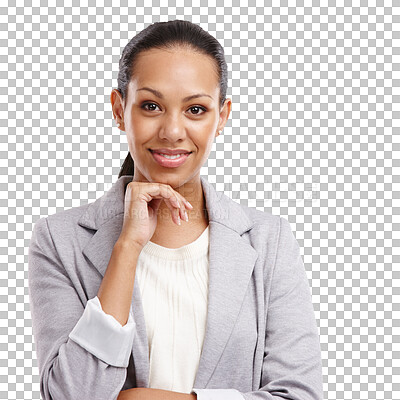 Buy stock photo Portrait, smile or confident businesswoman with pride isolated on transparent png background. Happy face, professional manager or proud female worker smiling with elegant fashion or classy style 