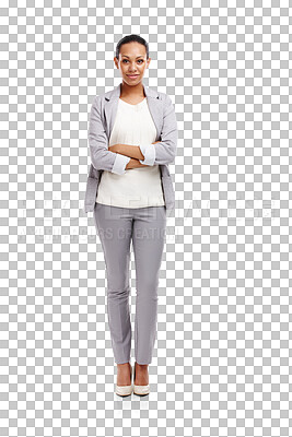 Buy stock photo Business woman, confident and portrait in arms crossed suit isolated on transparent png background. Success, job satisfaction and career, female professional with corporate fashion and full length