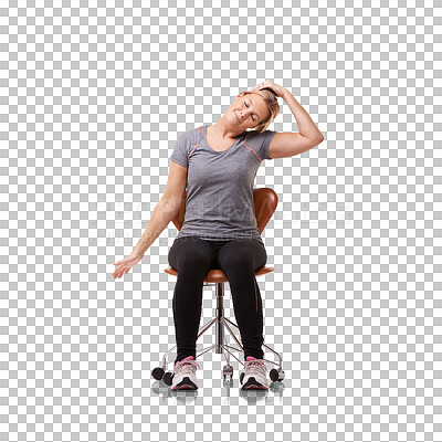 Buy stock photo Woman stretching neck, chair and exercise with workout and healthy isolated on transparent png background. Health, wellness and fitness warm up, female person in sportswear with training and active