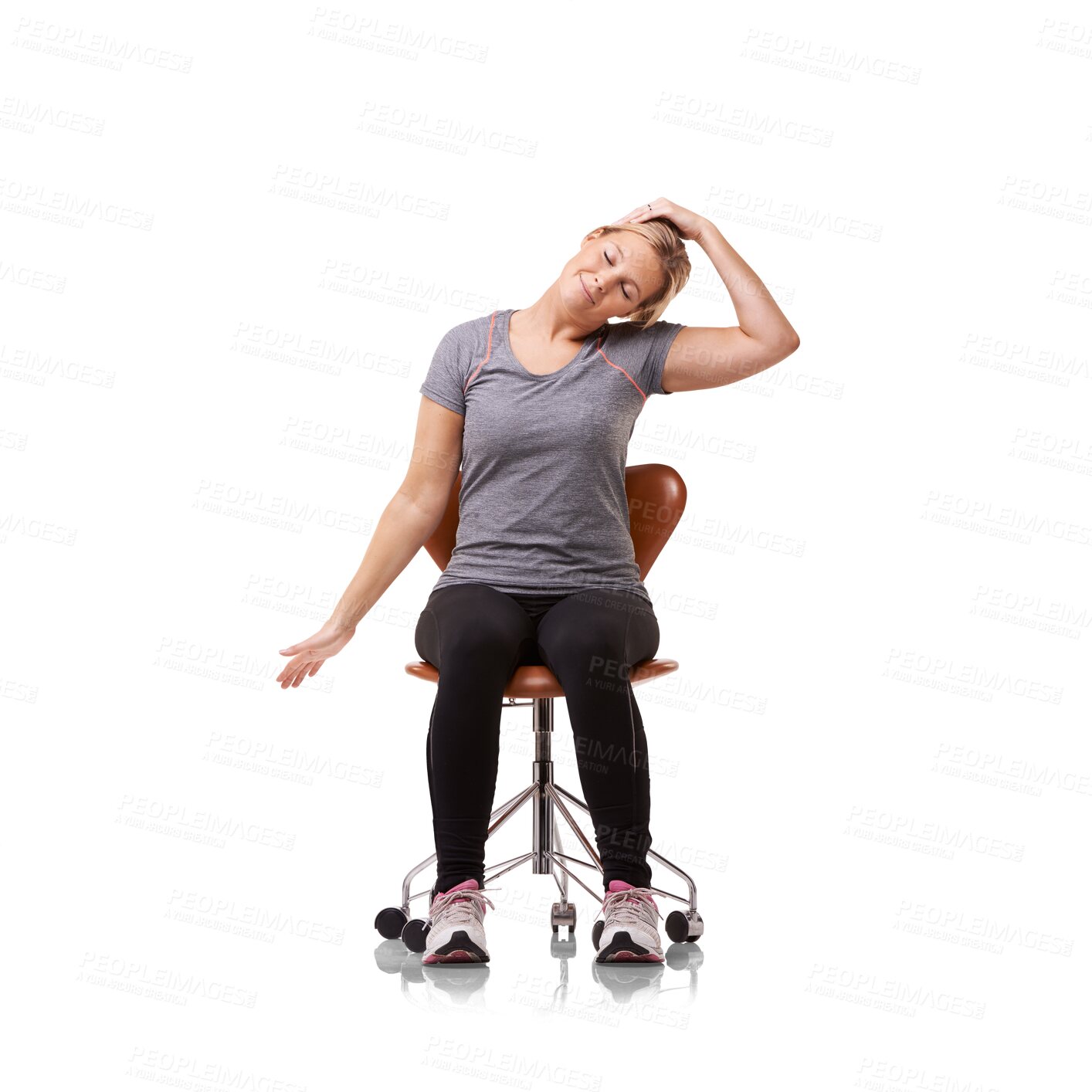 Buy stock photo Woman stretching neck, chair and exercise with workout and healthy isolated on transparent png background. Health, wellness and fitness warm up, female person in sportswear with training and active