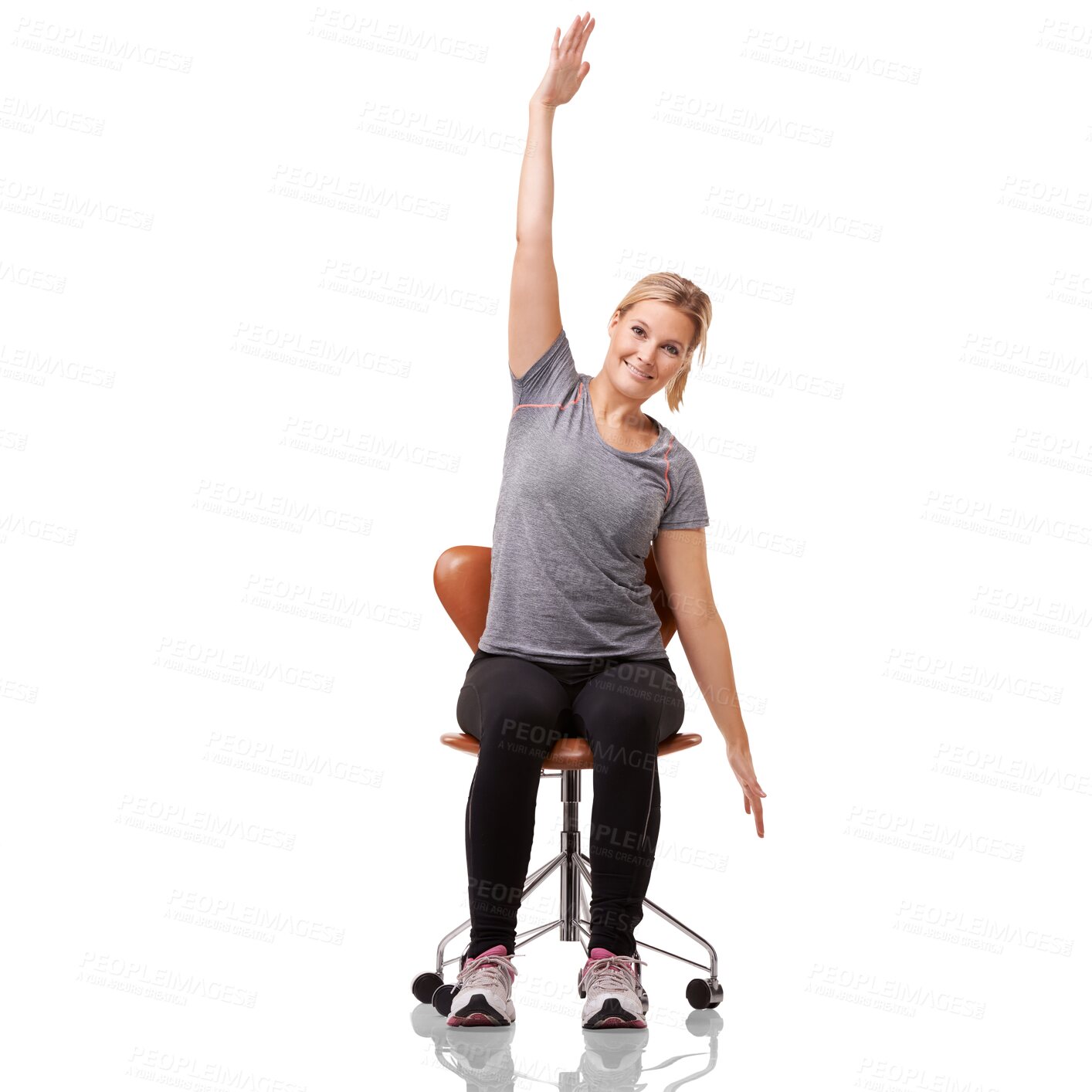 Buy stock photo Fitness, portrait and woman stretching on a chair before a arm workout or muscle training. Sports, wellness and young female athlete doing a warm up exercise isolated by a transparent png background.