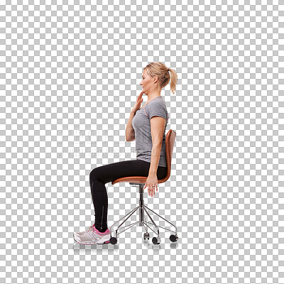 Buy stock photo Fitness, sitting and woman on a chair for a exercise for full body wellness, health or energy. Sports, training and female athlete fixing posture with workout isolated by transparent png background.