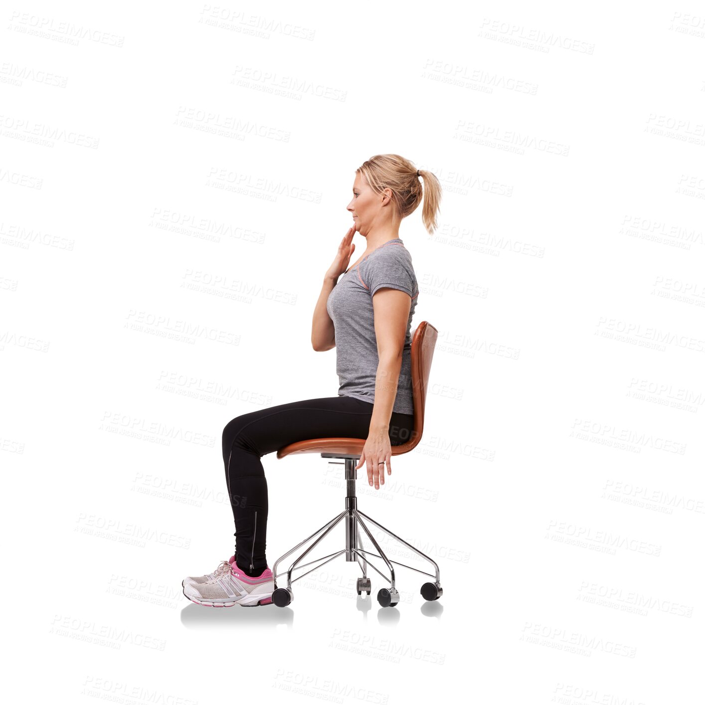 Buy stock photo Fitness, sitting and woman on a chair for a exercise for full body wellness, health or energy. Sports, training and female athlete fixing posture with workout isolated by transparent png background.