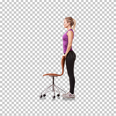 Buy stock photo Fitness, standing and woman with a chair for posture correction after a workout or exercise. Wellness, sports and young female athlete doing sport training isolated by a transparent png background.