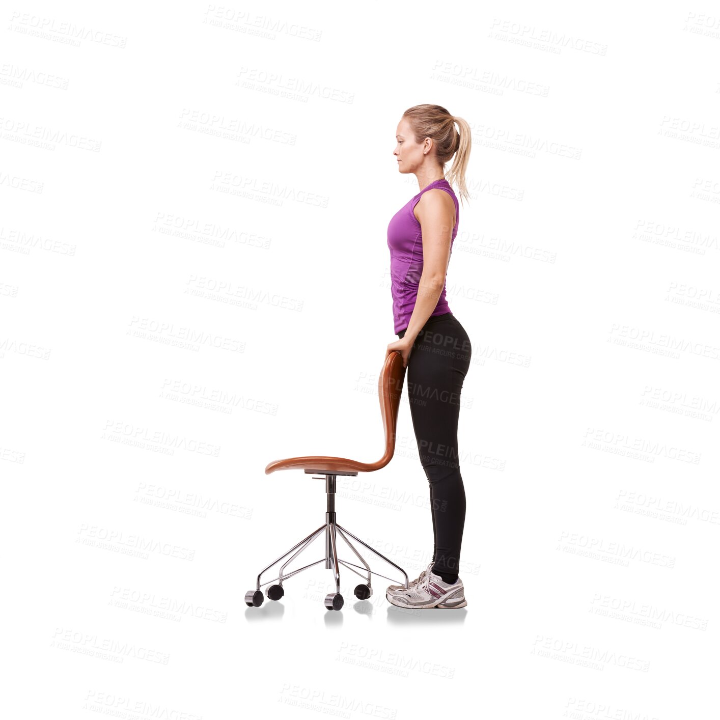 Buy stock photo Fitness, standing and woman with a chair for posture correction after a workout or exercise. Wellness, sports and young female athlete doing sport training isolated by a transparent png background.