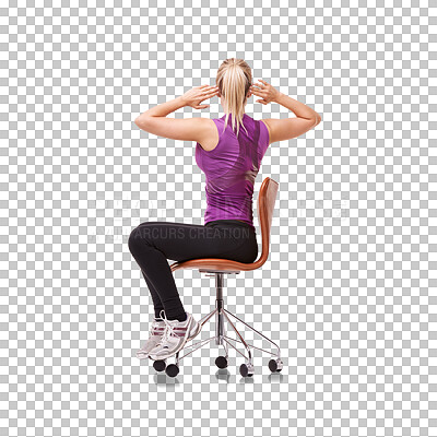 Buy stock photo Fitness, back and woman doing chair stretching exercise for muscle wellness, workout routine or body training. Stretch, exercising and person start warm up isolated on transparent, png background 