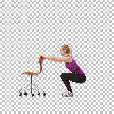 Buy stock photo Squat, woman and chair for fitness and exercise in png or isolated or transparent background. Workout, chairs and squats for wellness or body care at gym for sports, keeping fit or health for cardio.