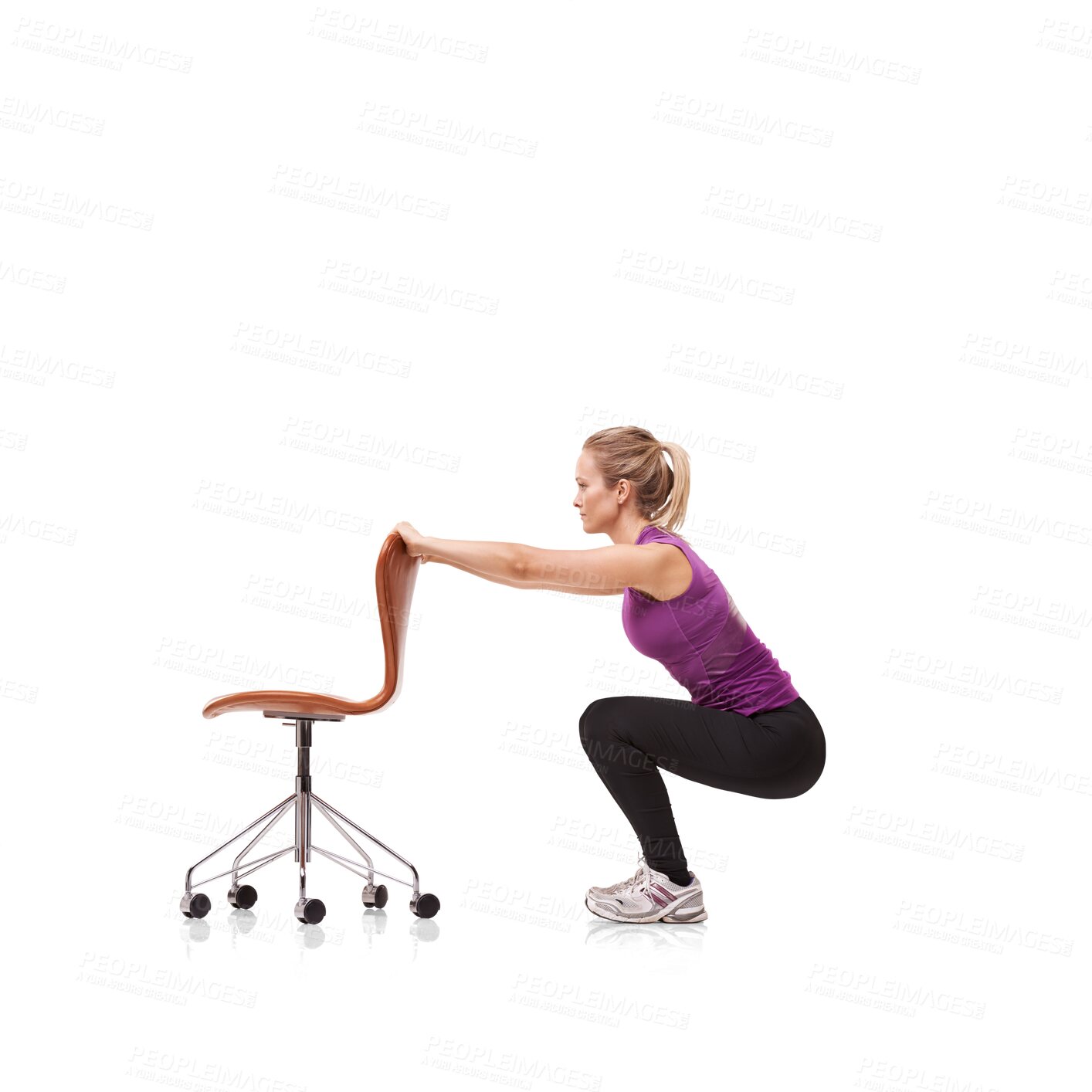 Buy stock photo Squat, woman and chair for fitness and exercise in png or isolated or transparent background. Workout, chairs and squats for wellness or body care at gym for sports, keeping fit or health for cardio.