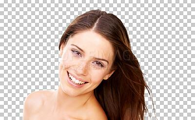 Buy stock photo Skincare, wellness and portrait of young woman with a natural, cosmetic or facial routine. Happy, smile and headshot of female model with dermatology treatment isolated by transparent png background.