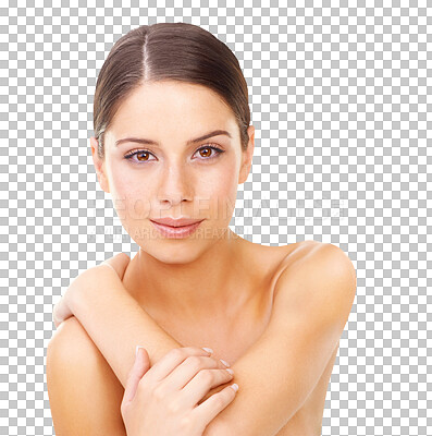 Buy stock photo Beauty, skincare and portrait of woman on transparent background for spa treatment, facial and health. Cosmetics, wellness and face of female person isolated on png for dermatology, self care or glow