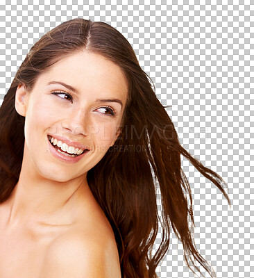 Buy stock photo Hair, beauty and face of woman with wind on isolated, png and transparent background for wellness. Skincare, haircare and happy female person smile with natural makeup, cosmetics and salon treatment