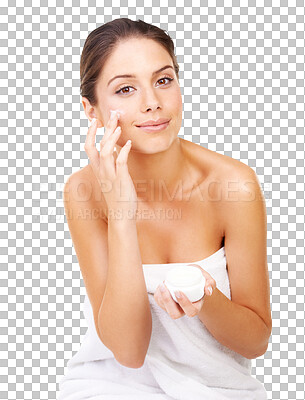 Buy stock photo Cream, skincare and spa with portrait of woman on transparent background for beauty, facial or health. Cosmetics, lotion and face of female person isolated on png for dermatology, self care or glow