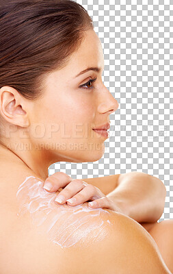 Buy stock photo Cream, skincare and beauty with shoulder of woman on transparent background for spa treatment, glow and health. Cosmetics, Self care and body with person isolated on png for lotion and dermatology