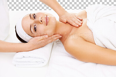 Buy stock photo Massage, spa and face portrait of happy woman relax on beauty salon table for clinic luxury care, support or treatment. Person, hands and masseuse care service isolated on transparent, png background