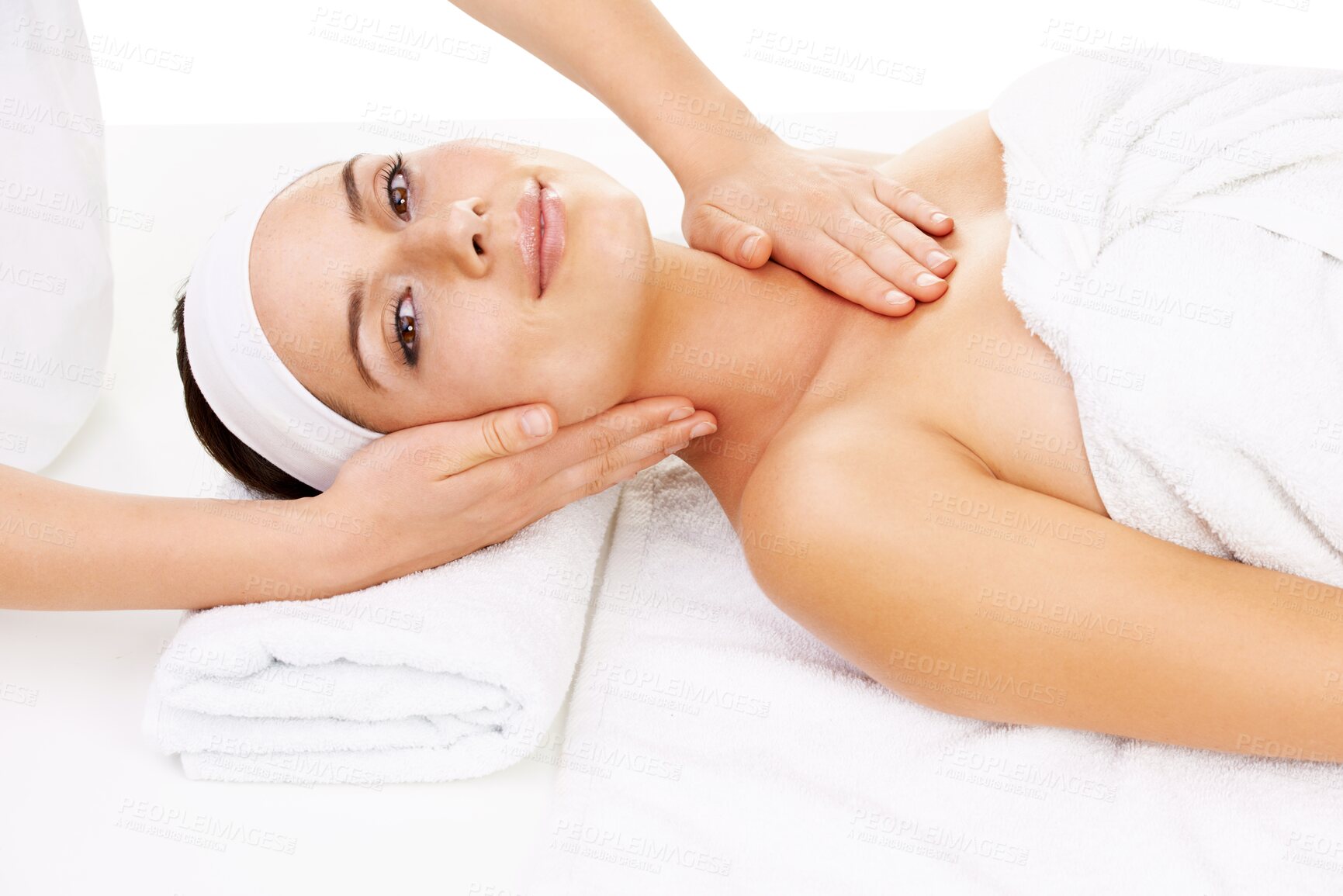 Buy stock photo Massage, spa and face portrait of happy woman relax on beauty salon table for clinic luxury care, support or treatment. Person, hands and masseuse care service isolated on transparent, png background