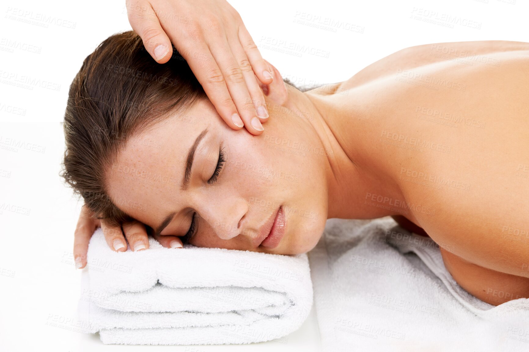 Buy stock photo Spa, relax and young woman with a facial massage for luxury self care, health or calm mindset. Cosmetic, beauty and female person doing a head rub treatment isolated by a transparent png background.