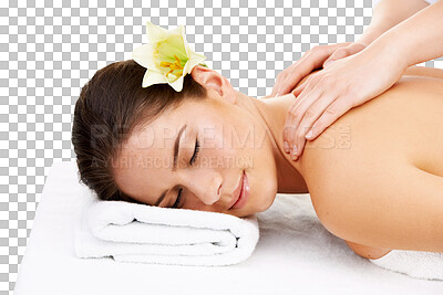 Buy stock photo Spa, relax and massage with woman on transparent background for beauty, peace and skincare. Beautician, resort and wellness with female person isolated on png for salon, cosmetics and luxury