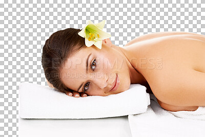 Buy stock photo Woman, face and massage spa treatment with skincare, beauty and dermatology at wellness center. Young female person, flower and massage bed with cosmetics care isolated on transparent, png background