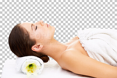 Buy stock photo Relax, luxury spa and woman for massage on isolated, png and transparent background with eyes closed. Salon, aesthetic and face of female person rest on bed for pamper, facial treatment and wellness