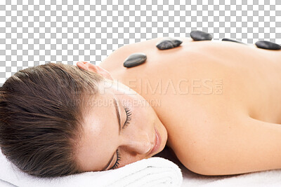 Buy stock photo Woman, massage and spa treatment with hot stone, relax and dermatology at wellness center. Female person, physical therapy and resting on bed with cosmetics isolated on transparent, png background