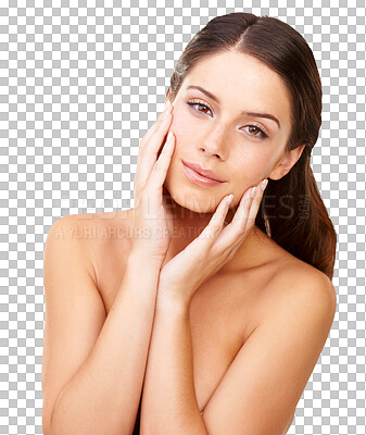 Buy stock photo Skincare, beauty and touch with portrait of woman on transparent background for glow, self care and makeup. Natural, cosmetics and spa treatment with face of person isolated on png for wellness