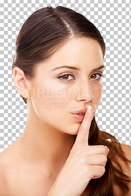 Buy stock photo Beauty secret, face portrait and woman with skincare glow, natural cosmetics foundation or luxury facial makeup. Hush silence, confidential or self care person isolated on transparent, png background