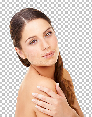 Buy stock photo Skincare, beauty and face with portrait of woman on transparent background for glow, self care and makeup. Natural, cosmetics and spa treatment with female person isolated on png for wellness