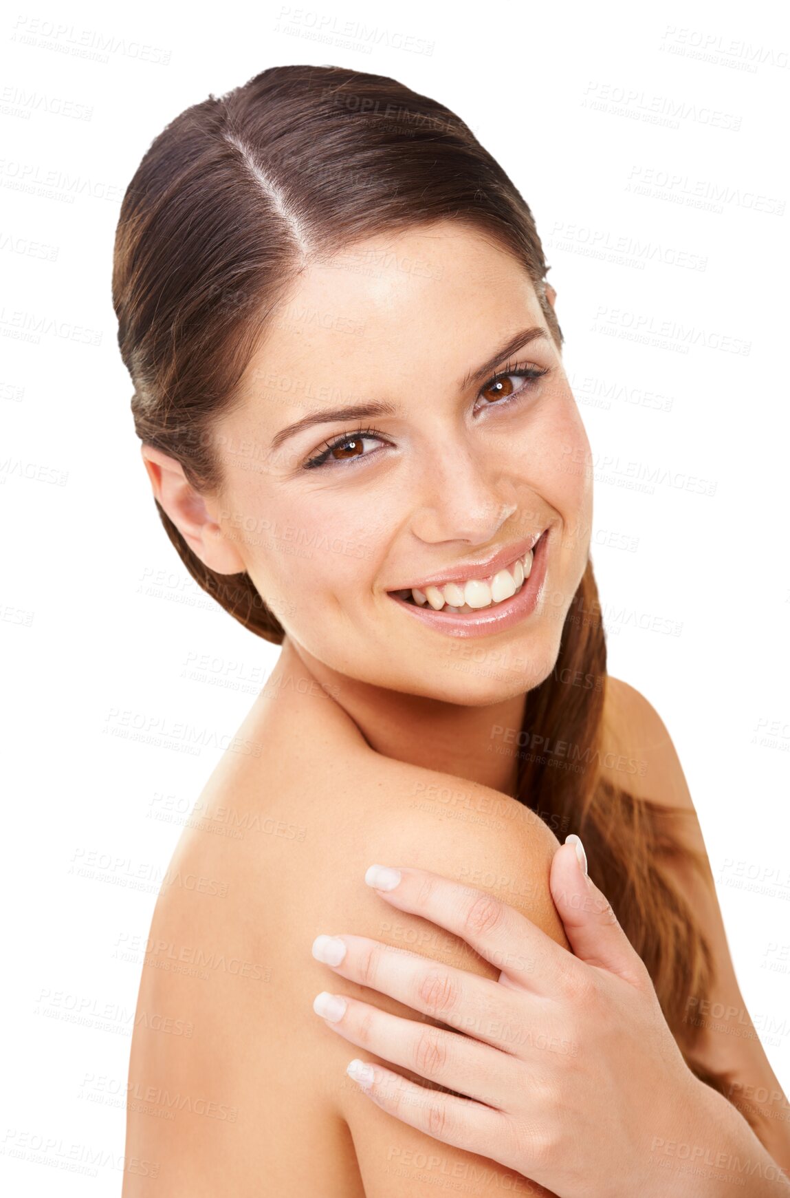 Buy stock photo Natural, beauty and smile with portrait of woman on transparent background for glow, self care and skincare. Makeup, cosmetics and spa treatment with face of person isolated on png for wellness