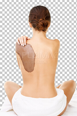 Buy stock photo Clay, spa and back of woman for skincare on isolated, png and transparent background for wellness. Salon, aesthetic and female person with mud treatment for pamper, body exfoliation and natural detox