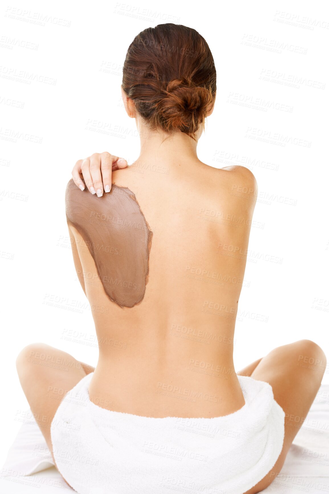 Buy stock photo Clay, spa and back of woman for skincare on isolated, png and transparent background for wellness. Salon, aesthetic and female person with mud treatment for pamper, body exfoliation and natural detox