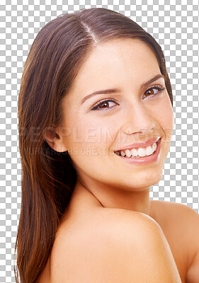 Buy stock photo Skincare, beauty and portrait of happy woman with smile on isolated, png and transparent background. Dermatology, hair care and face of female person with natural makeup, cosmetics and wellness