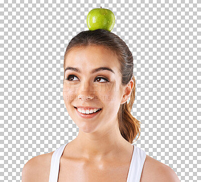 Buy stock photo Diet, health and woman with an apple on her head for fitness, wellness or nutrition for weightloss. Happy, smile and young female model with fruit for a snack isolated by a transparent png background