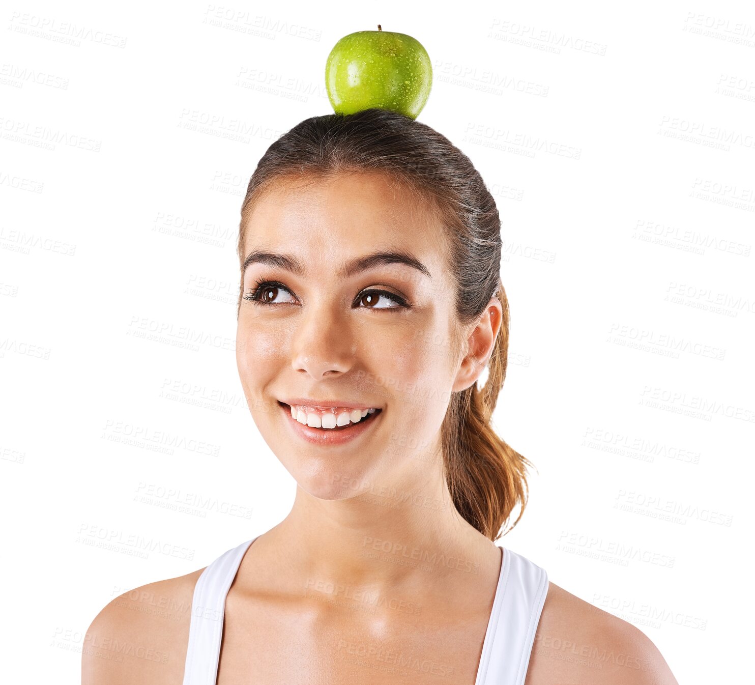 Buy stock photo Diet, health and woman with an apple on her head for fitness, wellness or nutrition for weightloss. Happy, smile and young female model with fruit for a snack isolated by a transparent png background