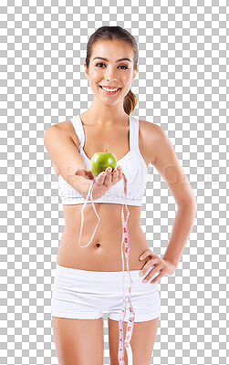 Buy stock photo Diet, exercise and portrait with woman and apple in png or isolated with transparent background. Tape, healthy body and goal to lose weight with fruit for fitness, smile and motivation or wellness.