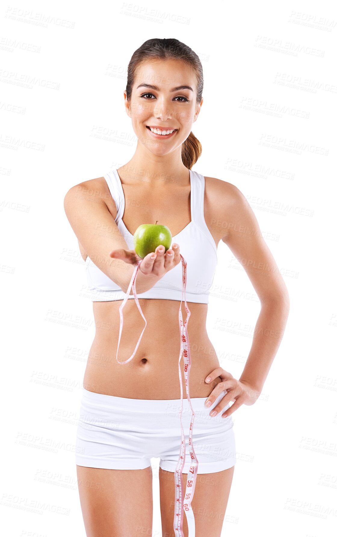 Buy stock photo Diet, exercise and portrait with woman and apple in png or isolated with transparent background. Tape, healthy body and goal to lose weight with fruit for fitness, smile and motivation or wellness.