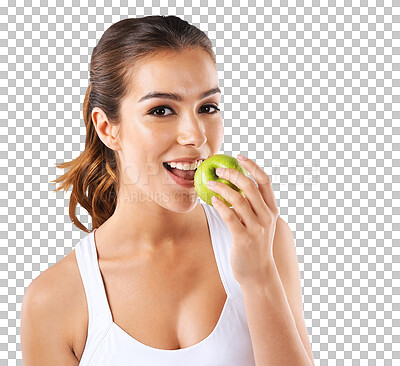 Buy stock photo Apple, health and portrait of woman and weight loss on transparent background for diet, nutrition and food. Fruit, fitness and wellness with person isolated on png for body, workout and balance