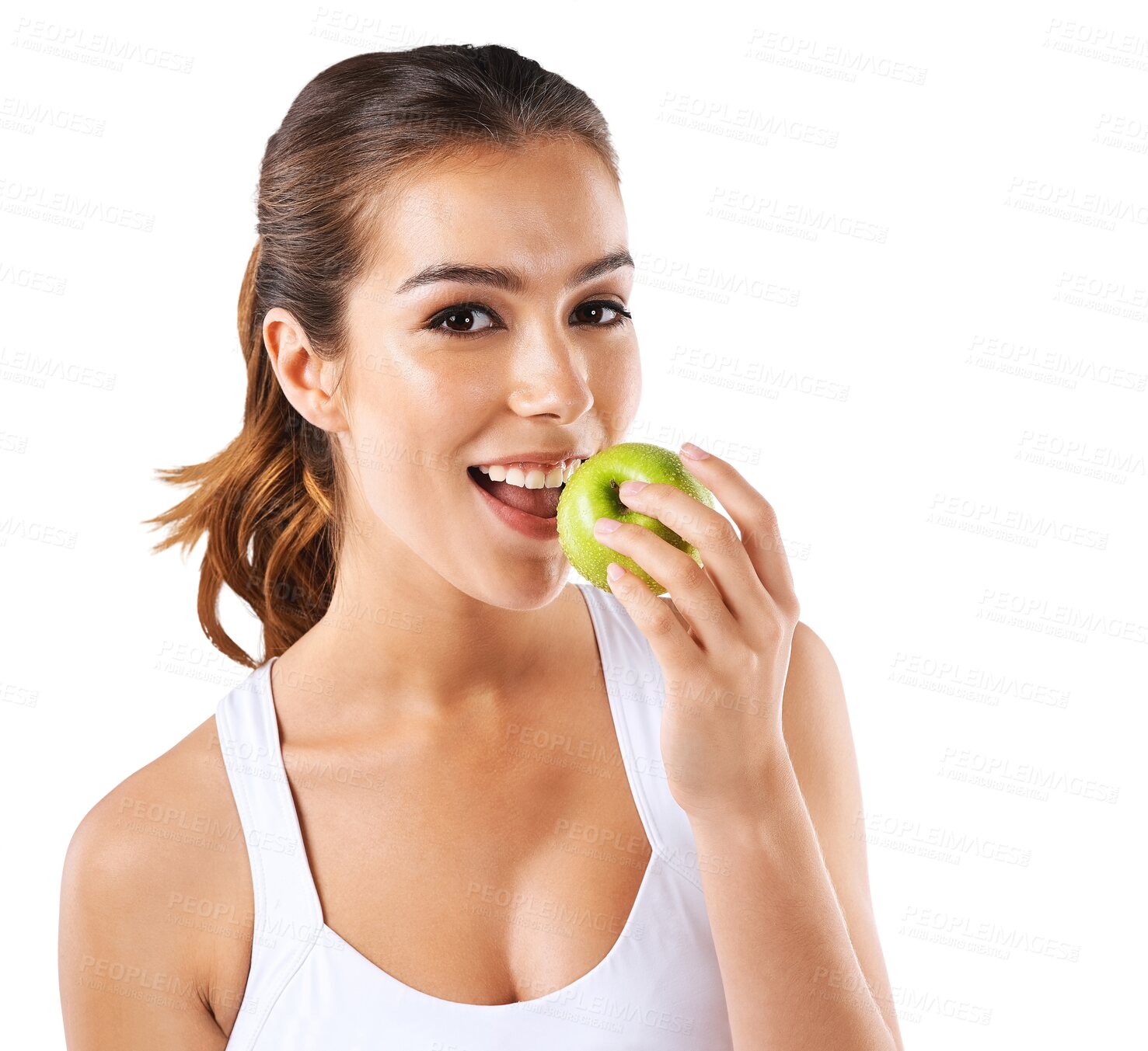 Buy stock photo Apple, health and portrait of woman and weight loss on transparent background for diet, nutrition and food. Fruit, fitness and wellness with person isolated on png for body, workout and balance