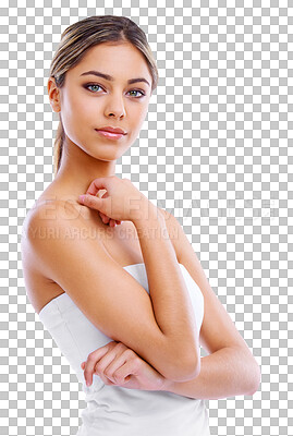 Buy stock photo Skincare, portrait and woman with body care cosmetic results on isolated, transparent and png background. Face, beauty and female wellness model satisfied with treatment, dermatology and glowing skin